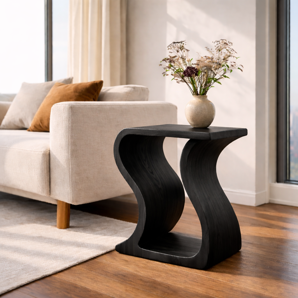 Modern Solid Wood End Table – Sculptural Curved Wooden Side Table for Living Room Kitchnce