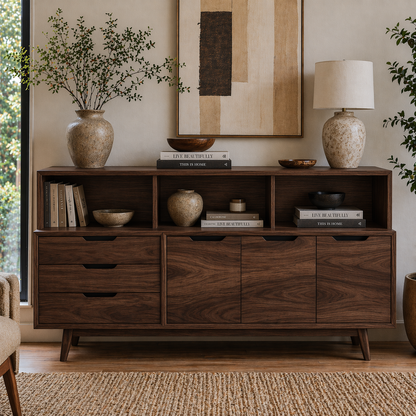 Mid Century Solid Wood Console Cabinet with Drawers & Open Shelf Storage