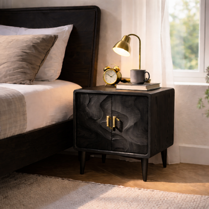Solid Wood Nightstand with Cabinet Doors – Mid Century Modern Bedside Table