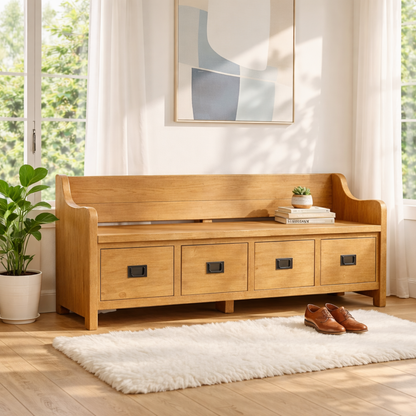 Solid Wood Storage Bench with Drawers, Entryway Hallway Seating Cabinet