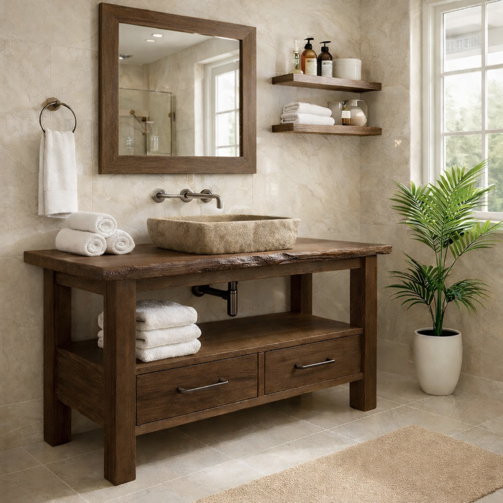 Rustic Solid Wood Bathroom Vanity Cabinet With Drawers And Storage Shelf Kitchnce