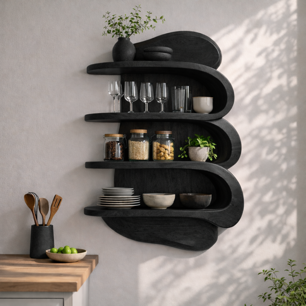 Curved Solid Wood Kitchen Cabinet Shelf – Floating Wall Storage with Organic Design