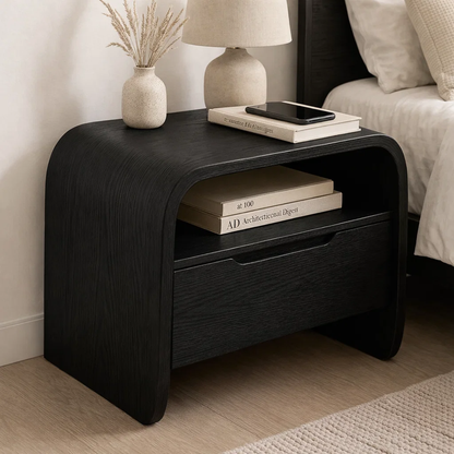 Curved Solid Wood End Table with Drawer and Shelf – Modern Bedside Nightstand