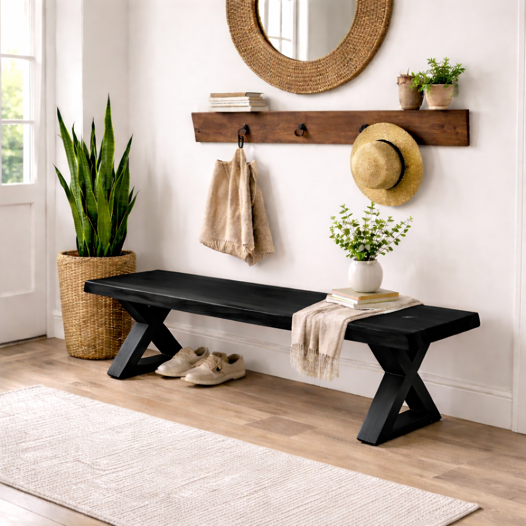 Solid Wood Entryway Bench with X-Leg Design | Rustic & Modern Hallway Seating Kitchnce