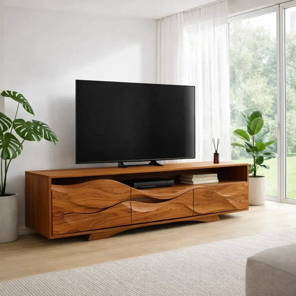Solid Wood TV Cabinet with Wave Design – Modern Walnut Media Console Kitchnce