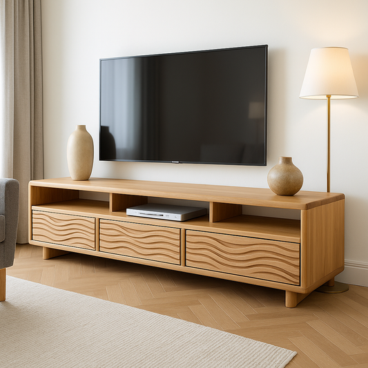 Solid Wood TV Stand Modern Oak Media Console with Wave Drawers and Open Storage