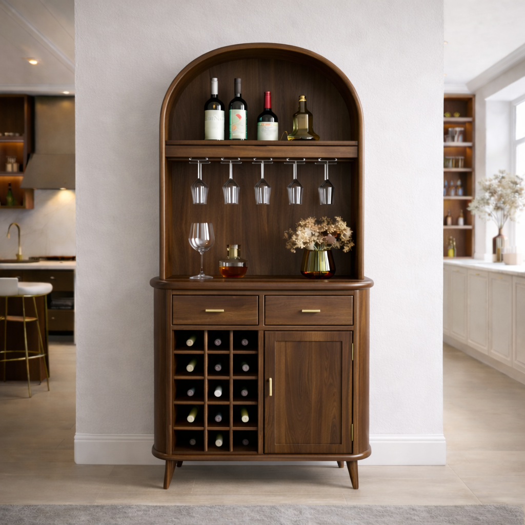 Solid Wood Arched Bar Cabinet with Wine Rack and Hanging Glass Holder