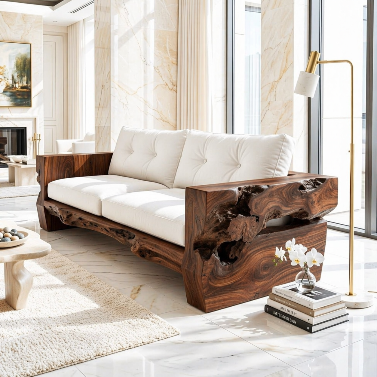 Contemporary Organic Wooden Sofa, Sculptural Luxury Lounge Couch with White Cushions