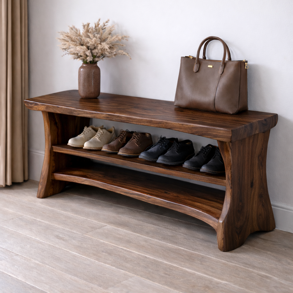 Solid Wood Entryway Bench with Shoe Storage Shelf – Natural Wood Shoe Rack Bench Kitchnce