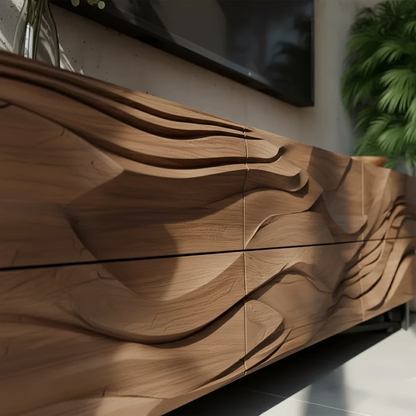 Solid Wood TV Stand Modern Walnut Media Console with Sculpted Wave Doors