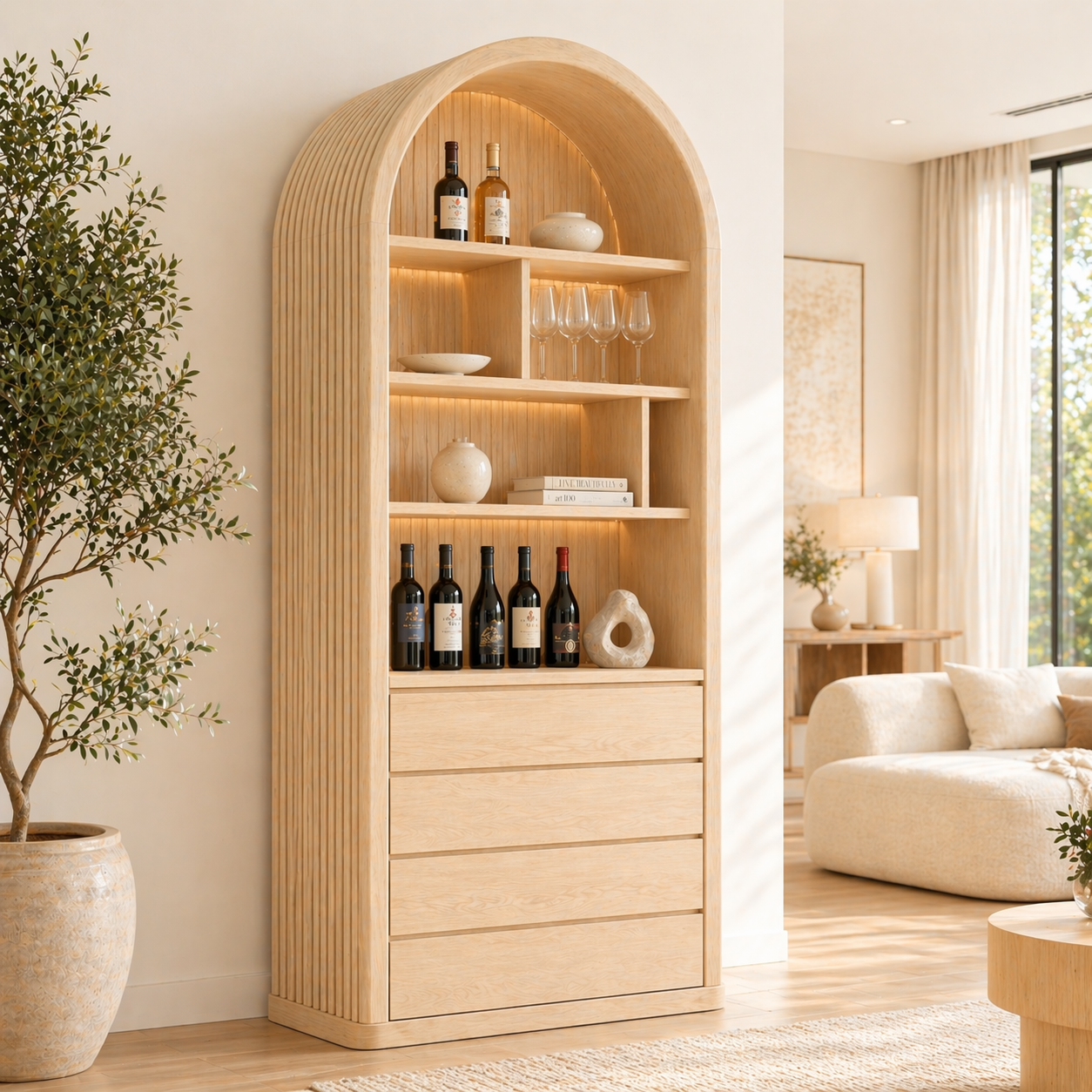 Arched Wine Cabinet Tall Bar Storage Glass Display Shelves Drawer Organizer