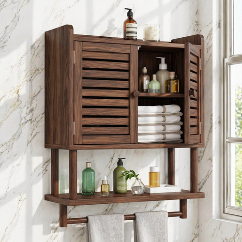 Modern Bathroom Cabinet, Slatted Wall-Mounted Vanity Storage Shelf With Towel Bar