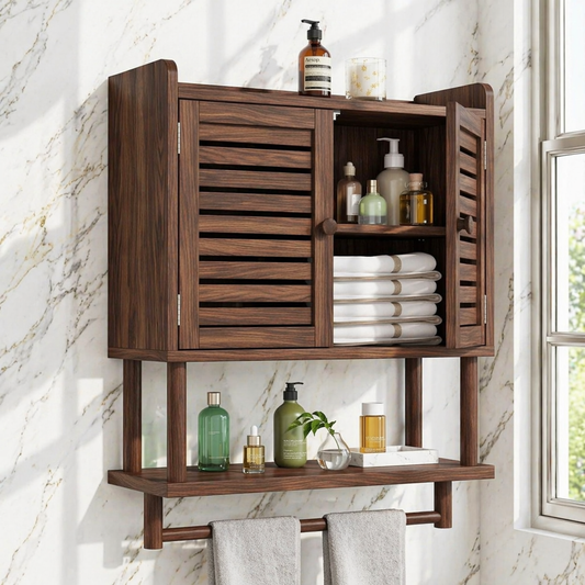 Modern Bathroom Cabinet, Slatted Wall-Mounted Vanity Storage Shelf With Towel Bar