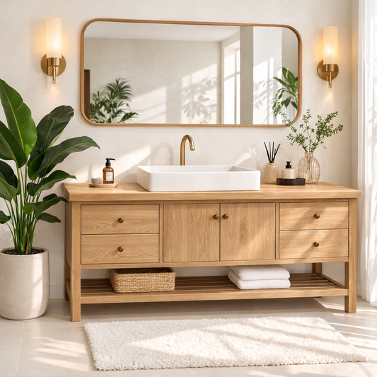 Rustic Bathroom Vanity with Open Shelves and Elegant Brass Faucet Kitchnce