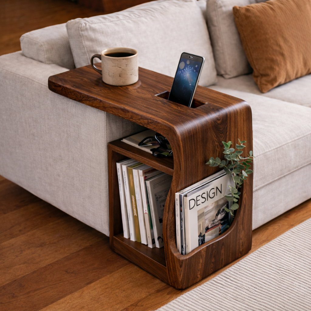 Solid Wood Sofa Armrest Table with Phone Holder – Couch Arm Tray with Storage Kitchnce