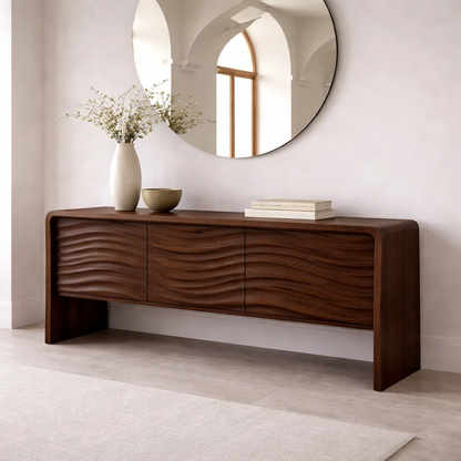 Solid Wood Console Table with Curved Frame and Wave Front – Modern Sideboard