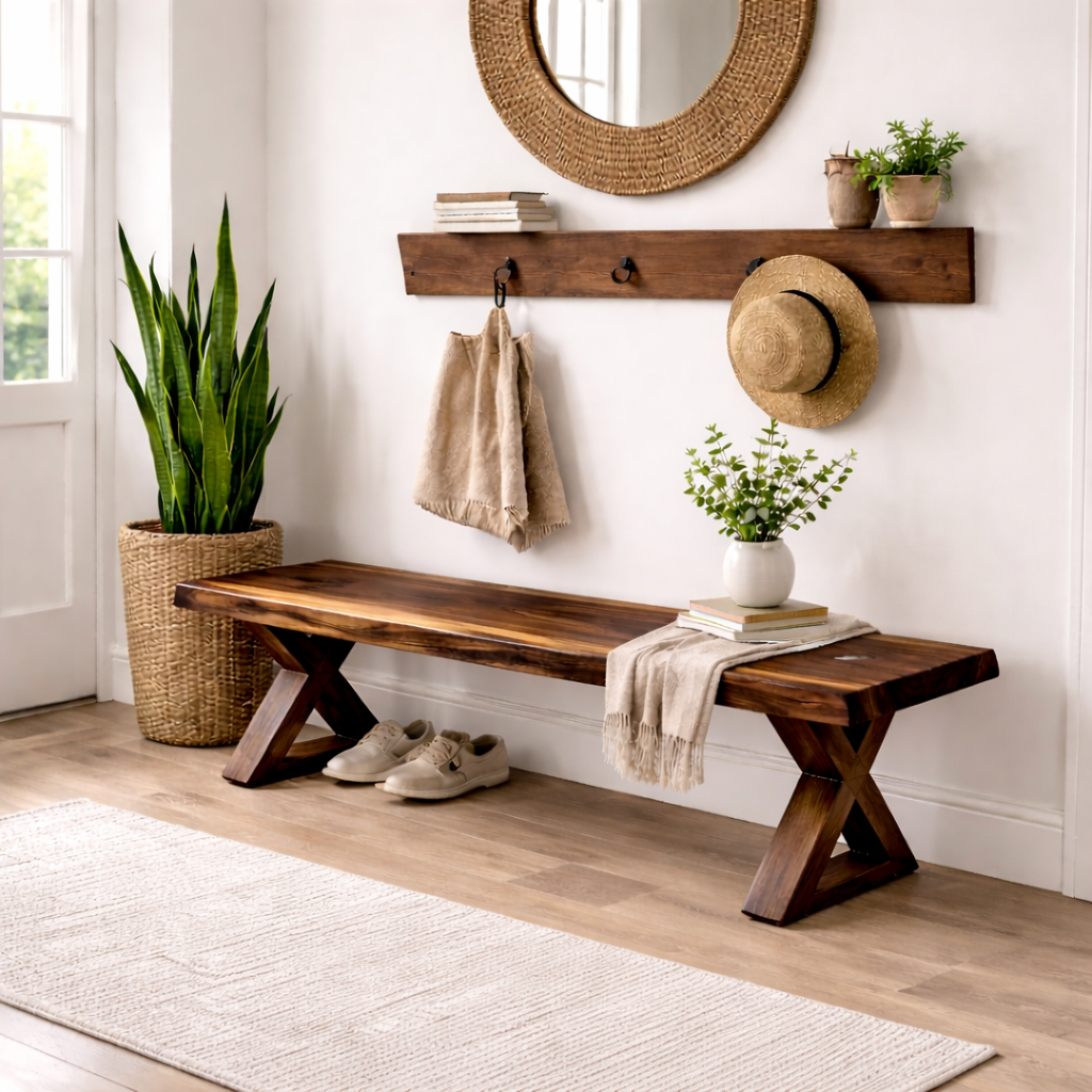 Solid Wood Entryway Bench with X-Leg Design | Rustic & Modern Hallway Seating Kitchnce