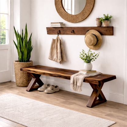 Solid Wood Entryway Bench with X-Leg Design | Rustic & Modern Hallway Seating Kitchnce