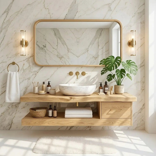 Floating Vanity with Natural Wood and Marble Sink, Modern Bathroom Design Kitchnce