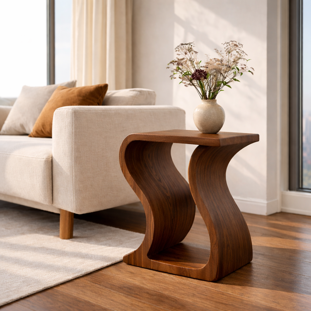 Modern Solid Wood End Table – Sculptural Curved Wooden Side Table for Living Room Kitchnce