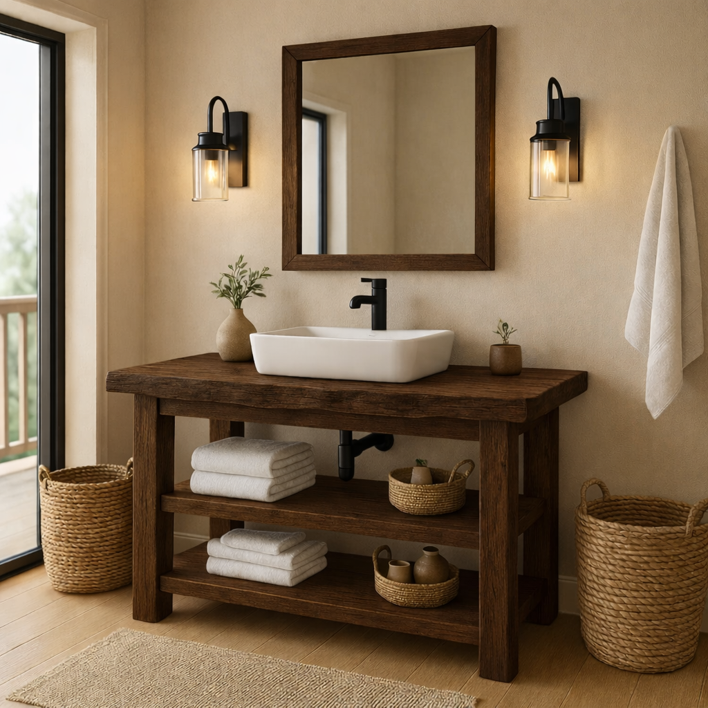 Rustic Solid Wood Bathroom Vanity with Vessel Sink and Open Storage Kitchnce