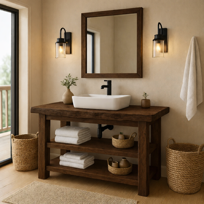 Rustic Solid Wood Bathroom Vanity with Vessel Sink and Open Storage Kitchnce
