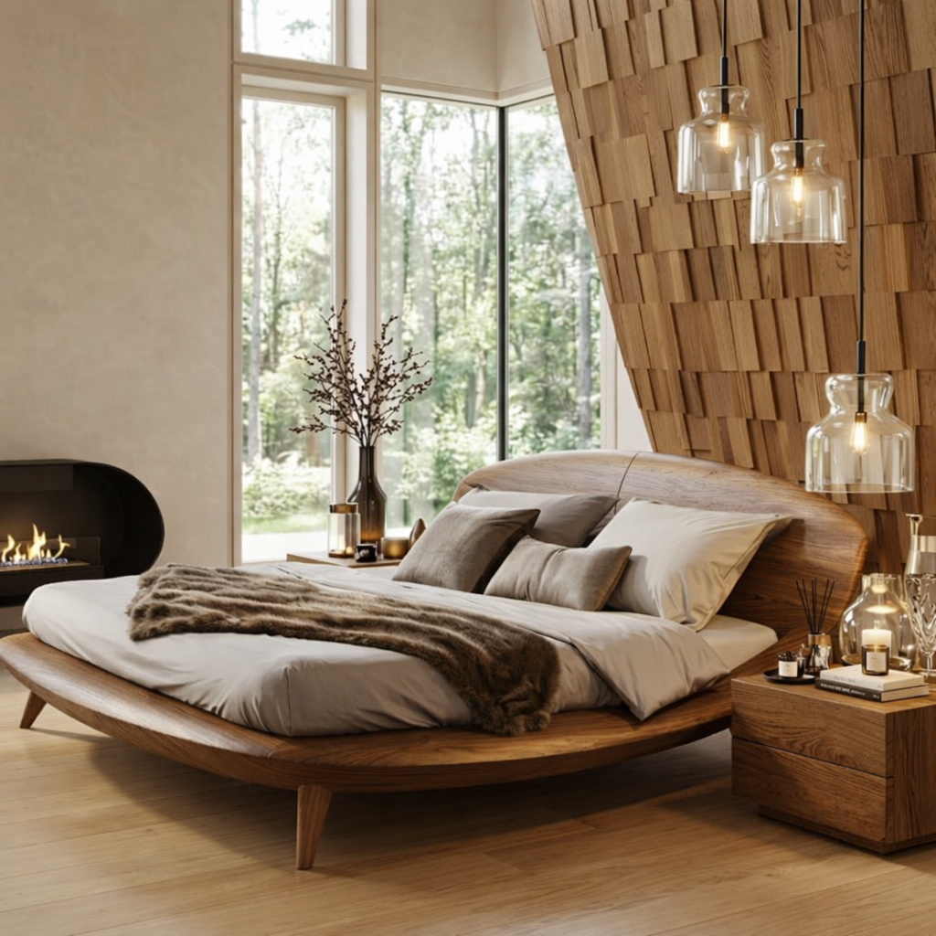 Modern Curved Platform Bed Frame, Minimalist Luxury Bedroom Furniture Decor Set