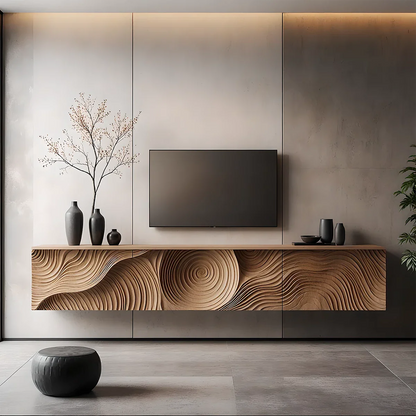 Solid Wood Floating TV Stand Modern Wall Mounted Media Console with Carved Front