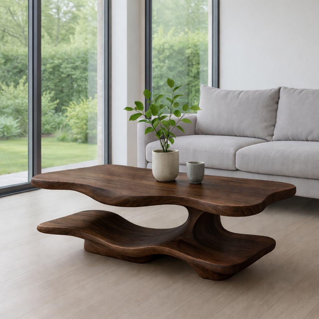 Solid Wood Coffee Table with Sculptural Curved Base and Organic Shape for Living Room Kitchnce