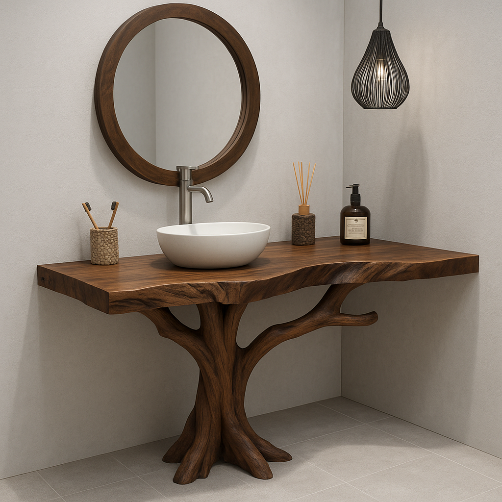 Handcrafted Solid Wood Bathroom Vanity – Organic Tree Branch Base with Vessel Sink Design Kitchnce