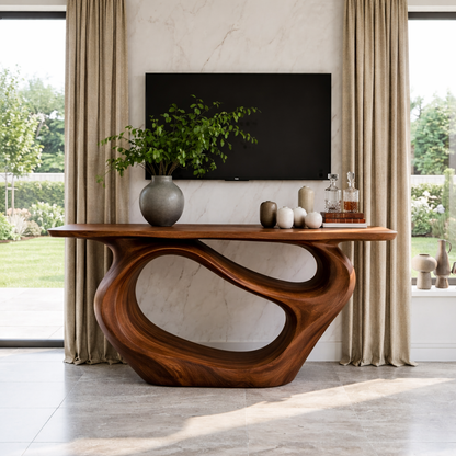 Solid Wood Console Table with Organic Curved Base, Modern Artistic Design