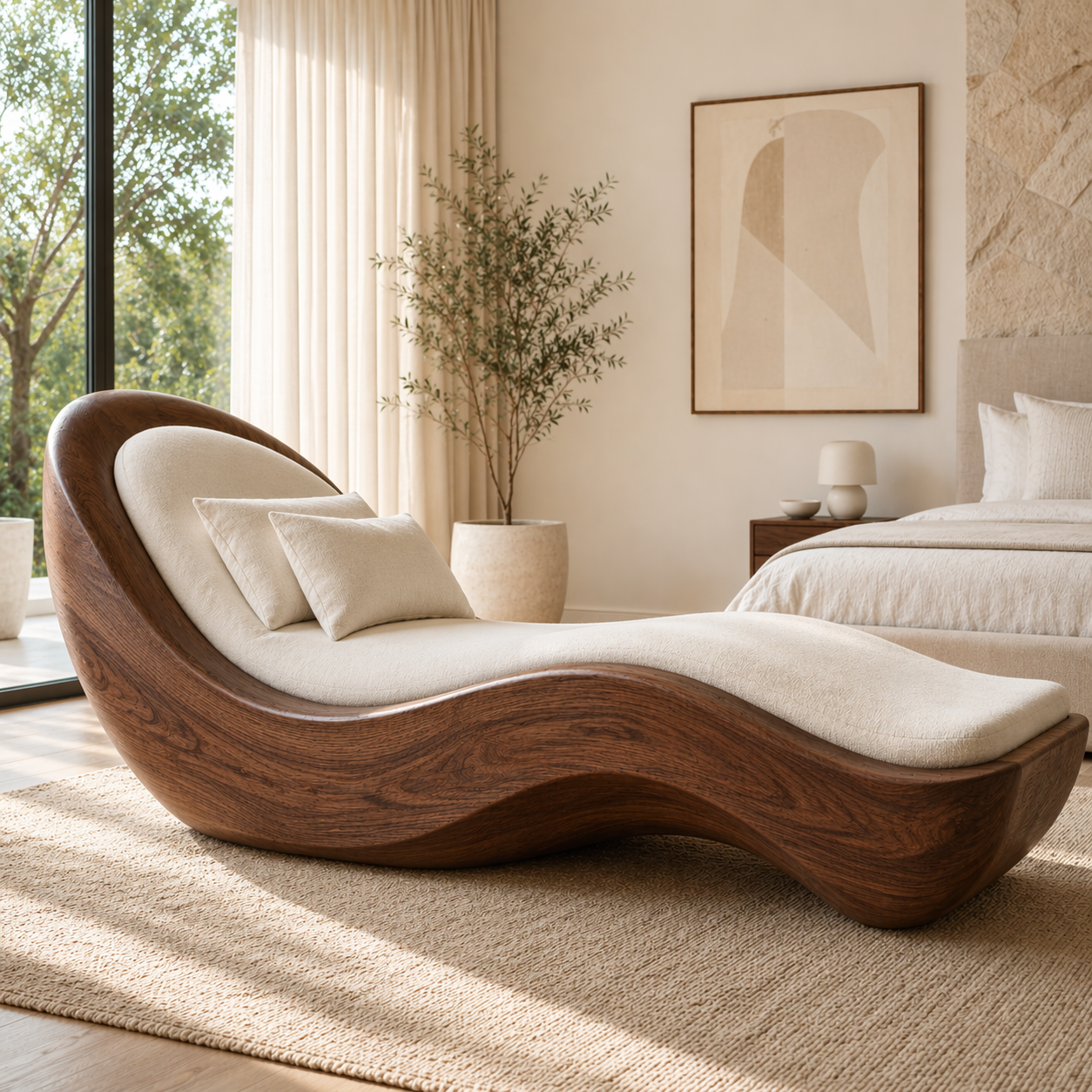 Luxury Curved Chaise Lounge Sculptural Daybed with Cushion for Bedroom Decor