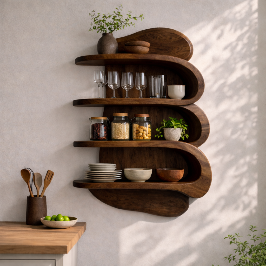 Curved Solid Wood Kitchen Cabinet Shelf – Floating Wall Storage with Organic Design