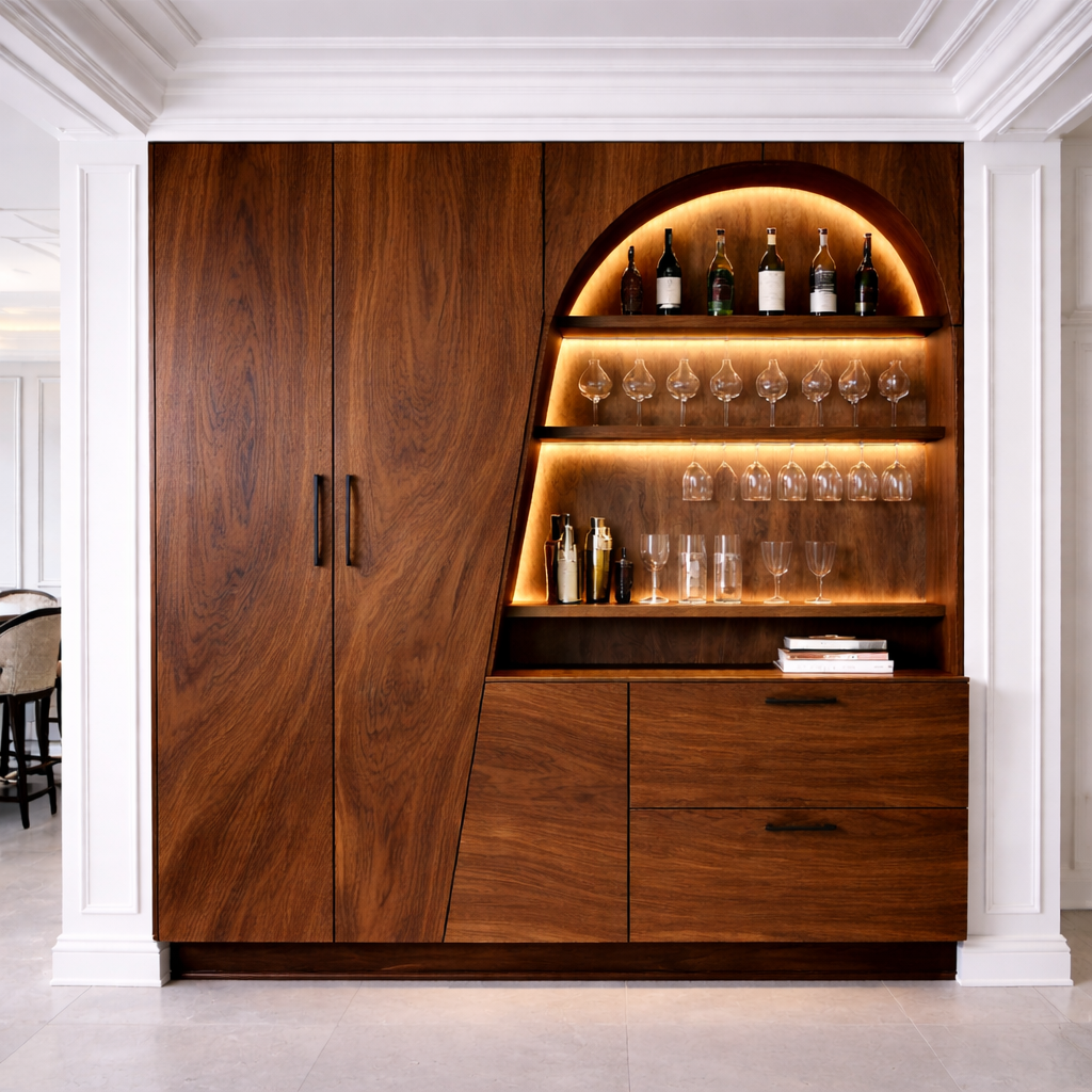 Luxury Solid Wood Bar Cabinet with LED Display Shelves & Storage – Modern Home Bar Unit