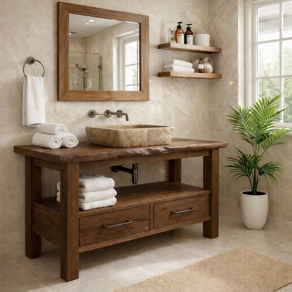 Rustic Solid Wood Bathroom Vanity Cabinet With Drawers And Storage Shelf Kitchnce