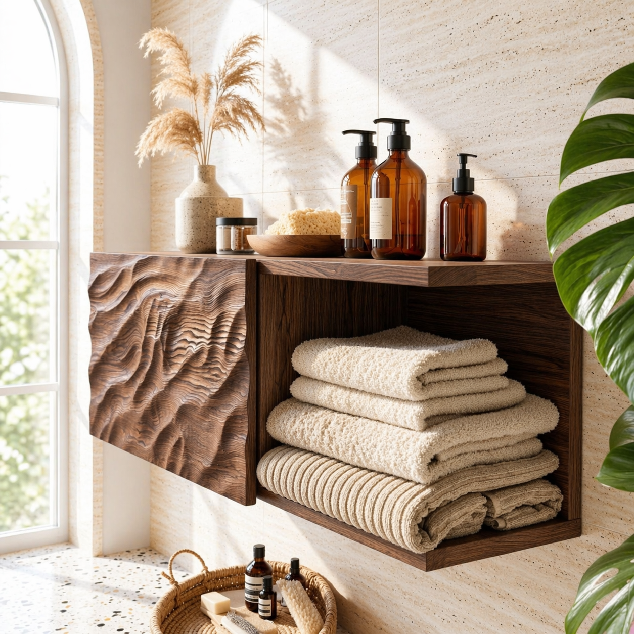 Floating Bathroom Cabinet, Modern Textured Wall Mounted Vanity Storage Organizer