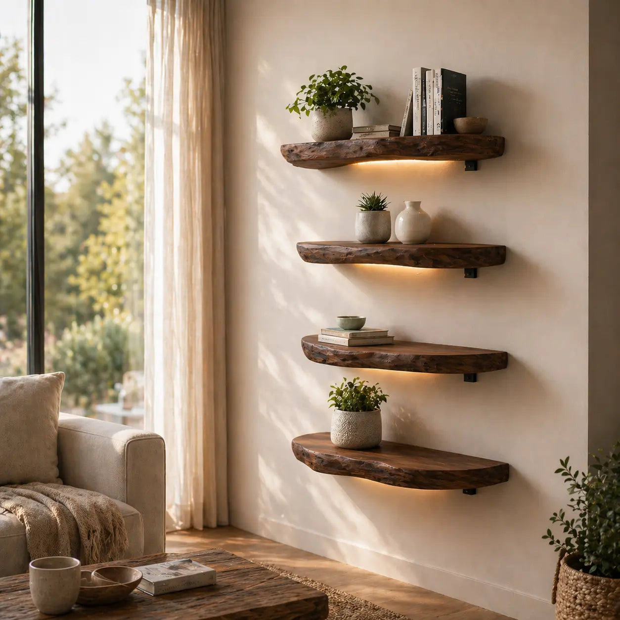 Solid Wood Floating Wall Shelf Rustic Live Edge Wall Mounted Shelf for Decor Kitchnce