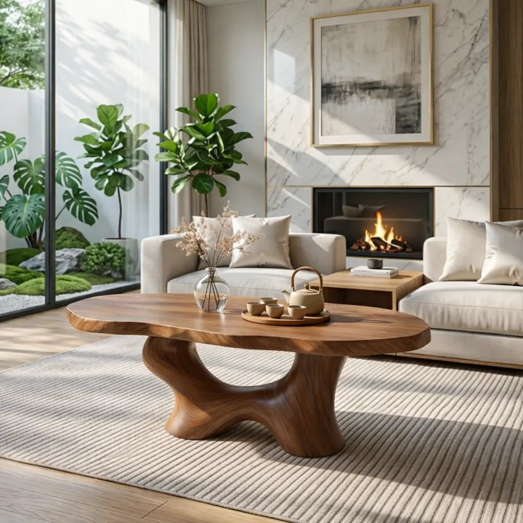 Modern Handcrafted Coffee Table, Sculptural Wooden Design with Elegant Curves Kitchnce