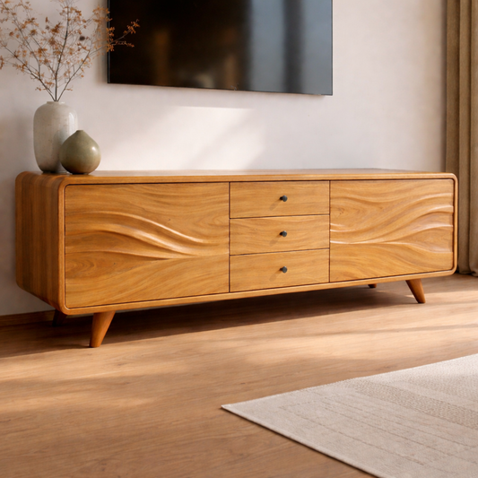 Solid Wood Wave Front TV Cabinet with Drawers – Modern Low Media Console Stand