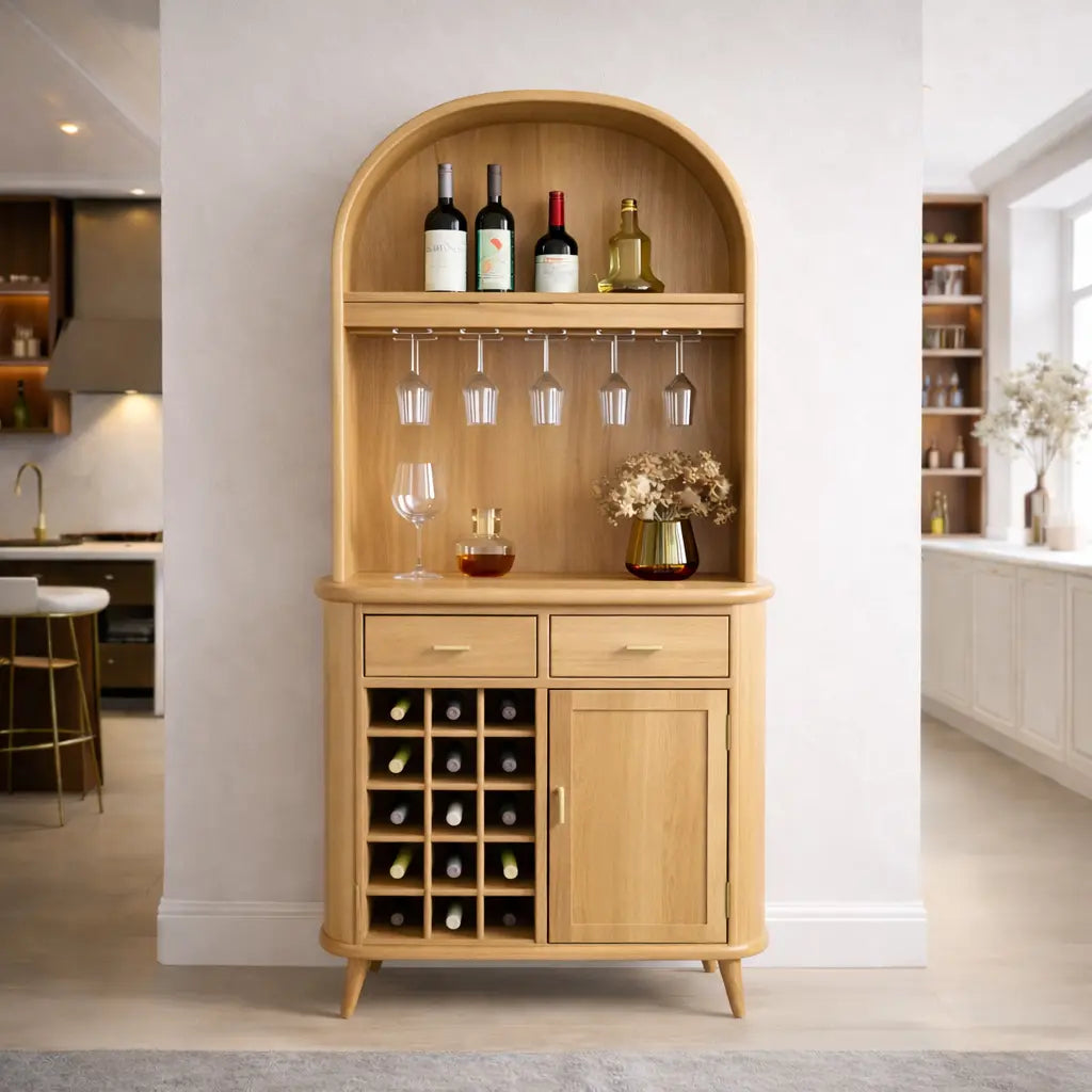 Solid Wood Arched Bar Cabinet with Wine Rack and Hanging Glass Holder Kitchnce