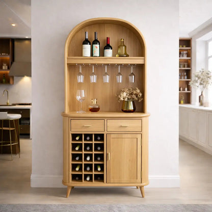 Solid Wood Arched Bar Cabinet with Wine Rack and Hanging Glass Holder Kitchnce