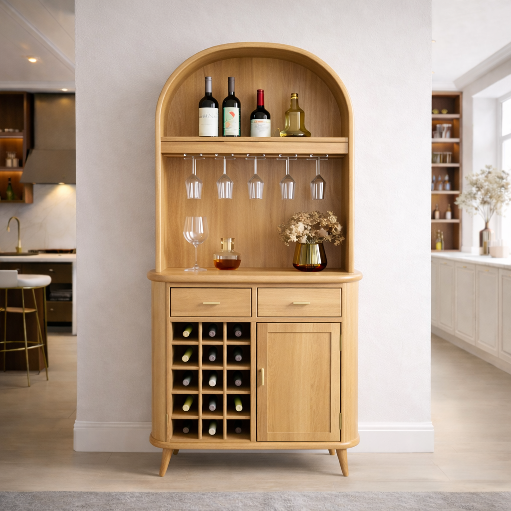 Solid Wood Arched Bar Cabinet with Wine Rack and Hanging Glass Holder