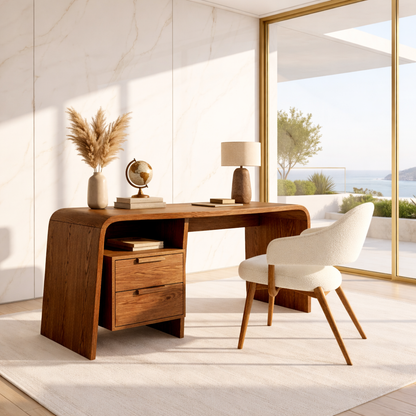 Modern Curved Writing Desk with Drawers Home Office Work Table Minimal Design