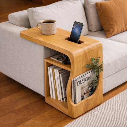 Solid Wood Sofa Armrest Table with Phone Holder – Couch Arm Tray with Storage Kitchnce