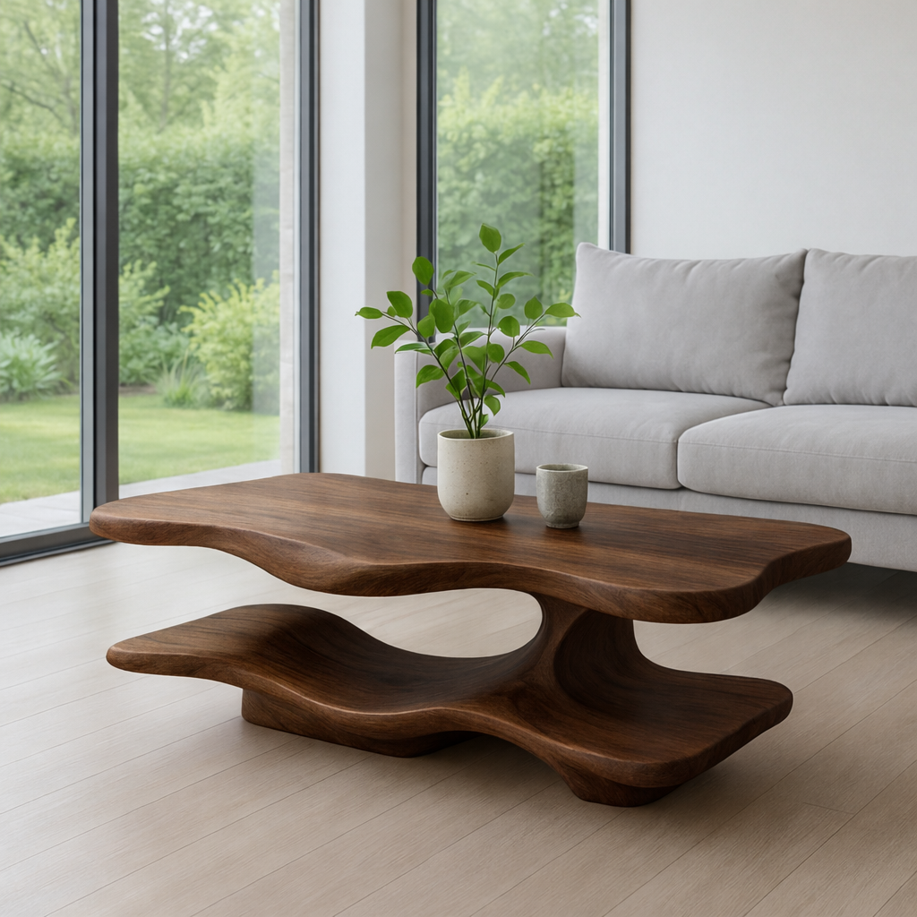 Solid Wood Coffee Table with Sculptural Curved Base and Organic Shape for Living Room Kitchnce