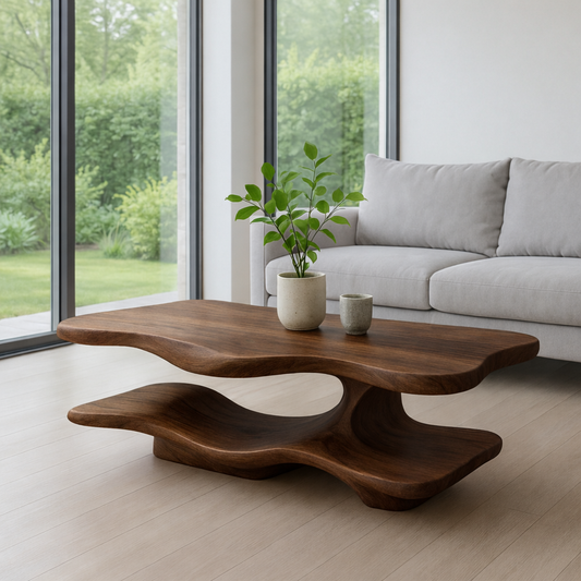 Solid Wood Coffee Table with Sculptural Curved Base and Organic Shape for Living Room Kitchnce