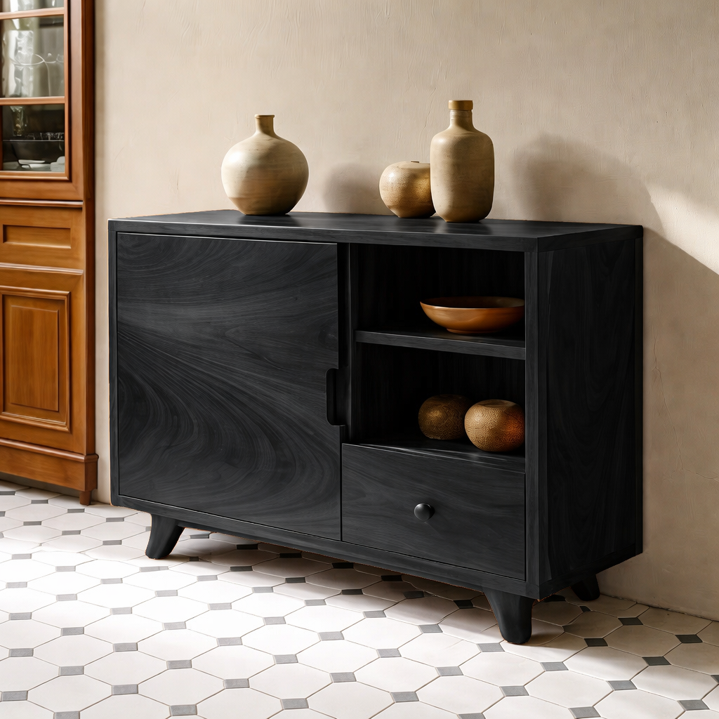 Solid Wood Console Cabinet - Mid-Century Modern with Open Shelving and Drawers