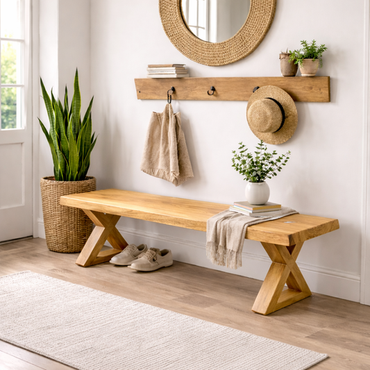 Solid Wood Entryway Bench with X-Leg Design | Rustic & Modern Hallway Seating Kitchnce
