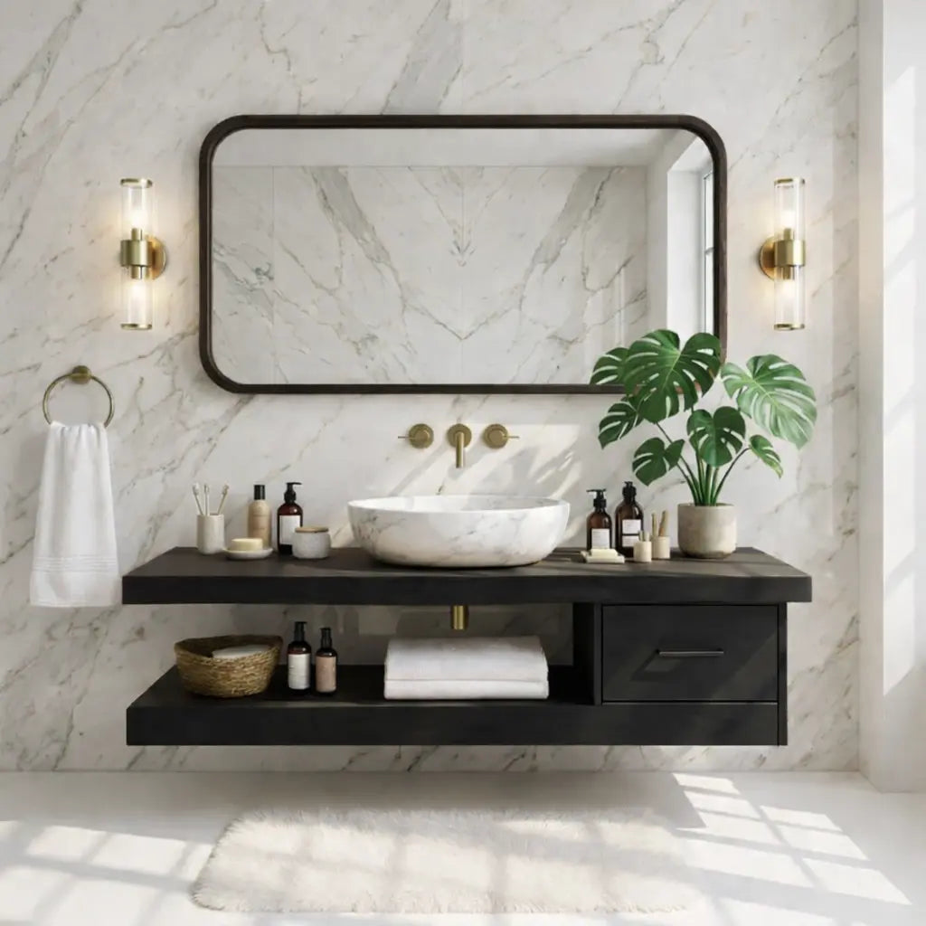 Floating Vanity with Natural Wood and Marble Sink, Modern Bathroom Design Kitchnce