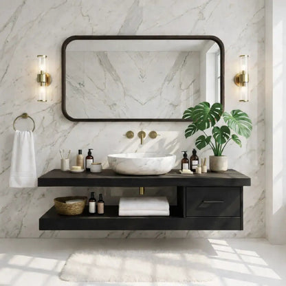 Floating Vanity with Natural Wood and Marble Sink, Modern Bathroom Design Kitchnce